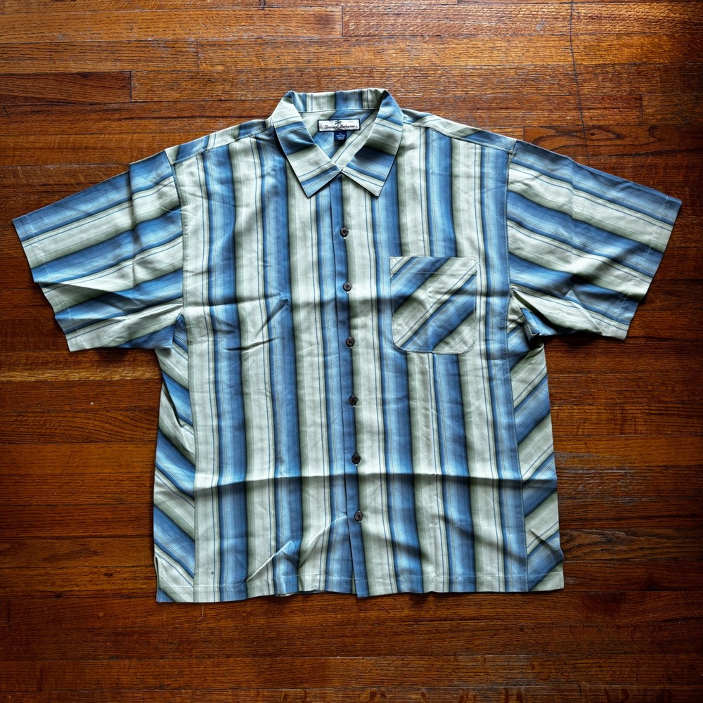 Tommy‎ Bahama Mens XL 100% Silk Short Sleeve Striped Camp Shirt Blue Green Cream